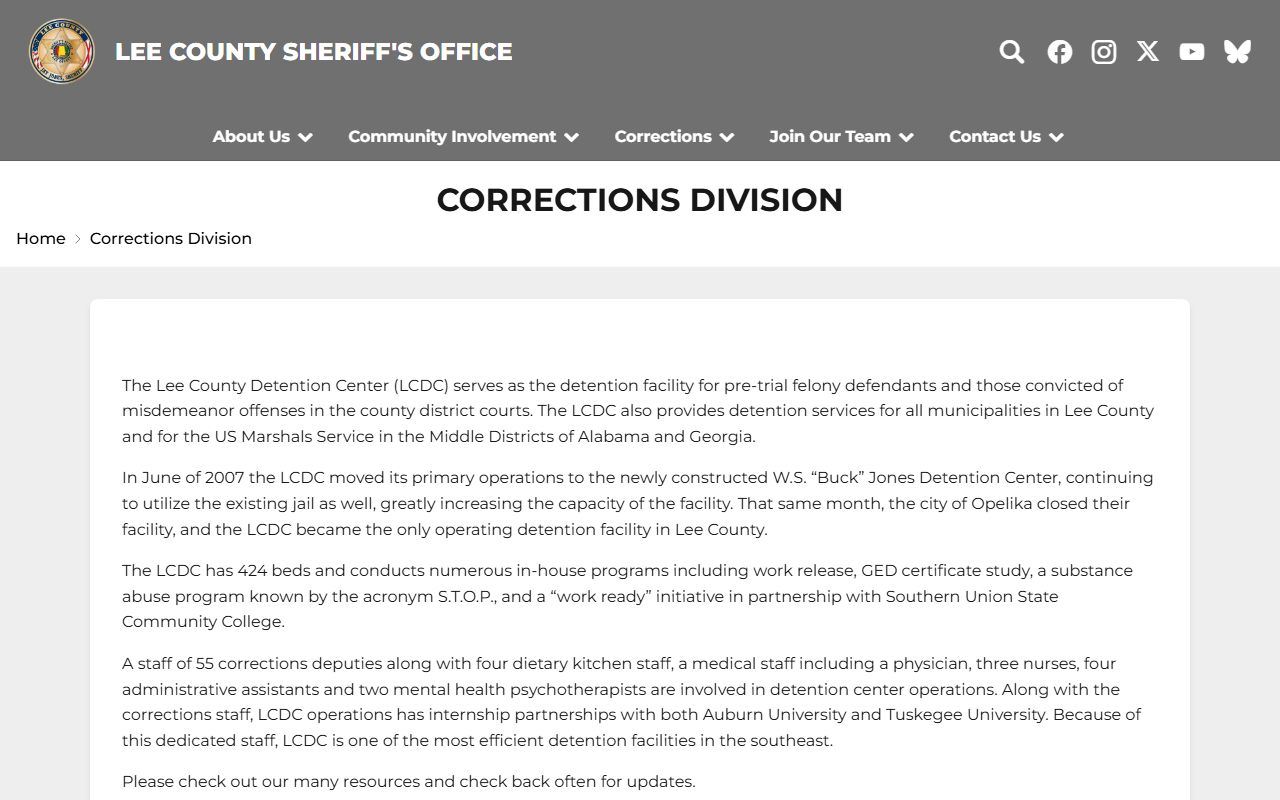 Lee County Detention Center corrections division information