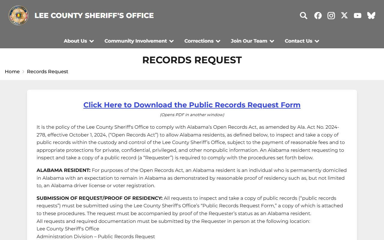 Lee County jail mugshots public records request procedure