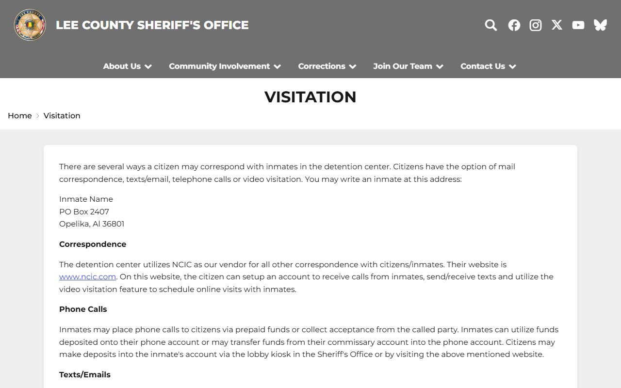 Lee County inmate population visitation and NCIC video visit information